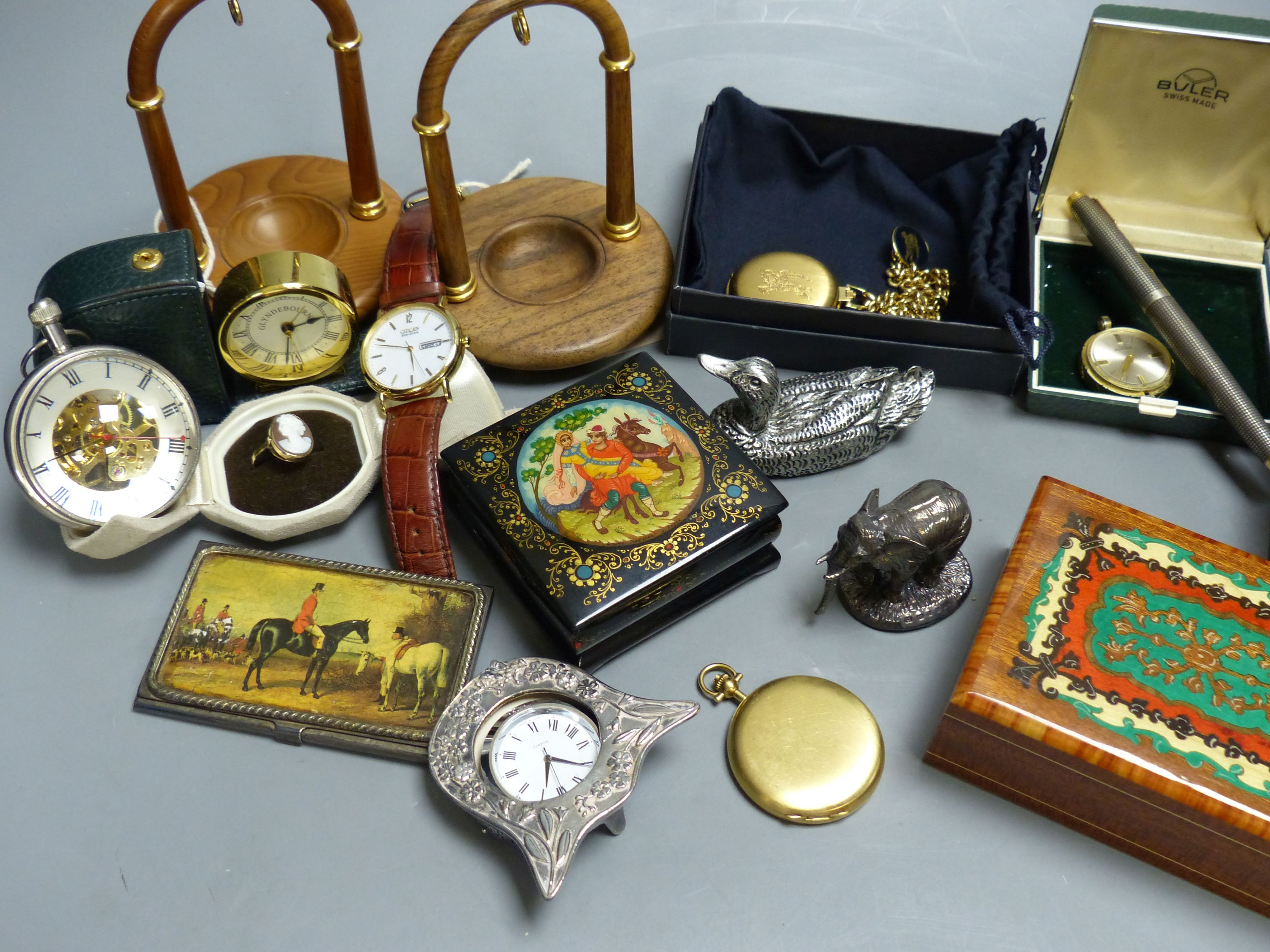 A gentleman's Citizen Eco-Drive wristwatch, two modern pocket watches and stands, various costume jewellery and other items